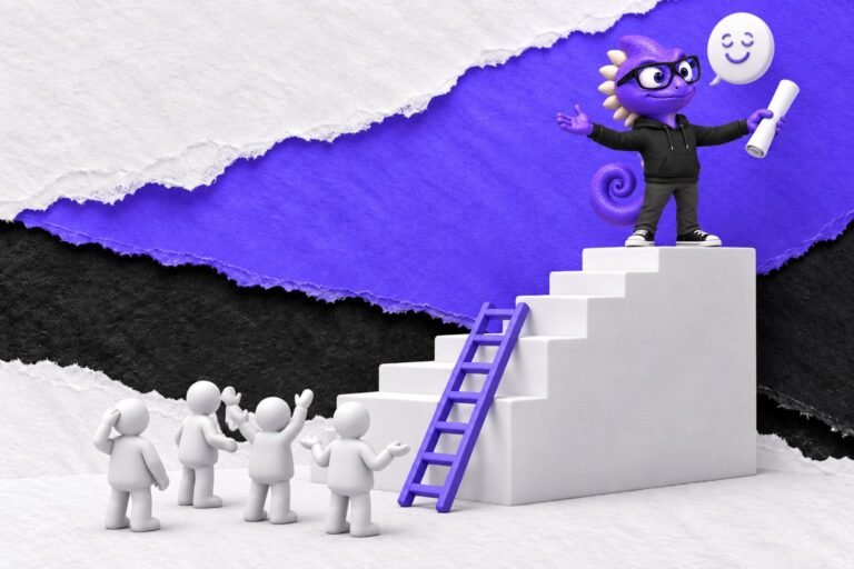 Maldição do conhecimento: ilustração com o Marc e bonequinhos de argila — tall white staircase with blank scroll