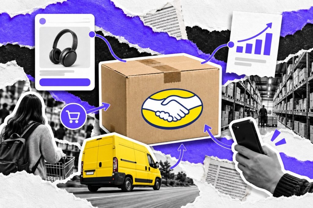 Colagem: caixa com o logo do Mercado Livre ligada por fio violeta a um anúncio e a um recibo de venda.
