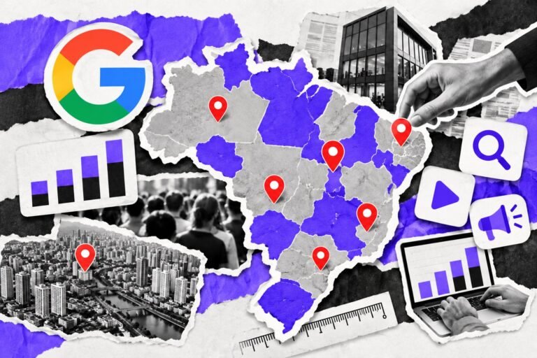 Colagem: mapa dividido em regiões violeta e cinza ligado a um gráfico de canais, com o logo do Google.