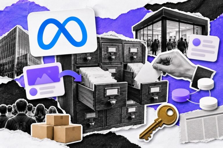 Colagem: fichário de gavetas abertas com fichas, anúncio novo sendo encaixado, fichas 3D ligadas por fios e cartão com o logo da Meta.