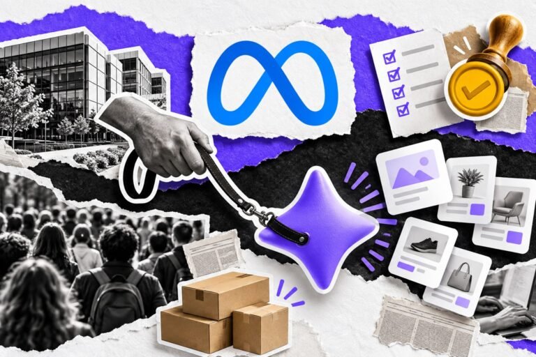 Colagem: mão segura a guia de um assistente de IA que produz anúncios; carimbo amarelo e logo da Meta.
