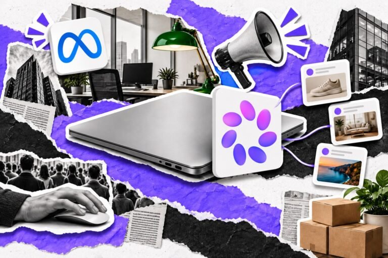Colagem: janela de assistente acoplada a um computador, cartões de anúncio ligados por linhas e logo da Meta AI.