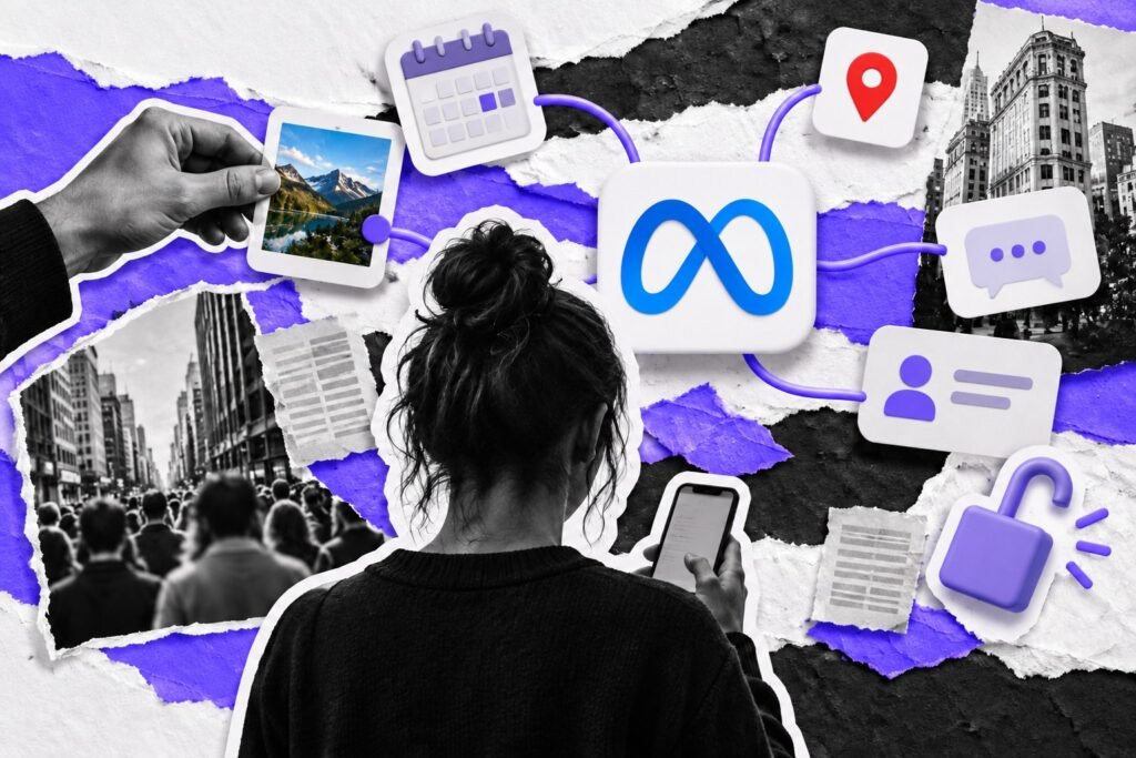 Colagem: pessoa de costas com celular; cartões de dados fluem para um assistente com o logo da Meta e uma mão segura um de volta.