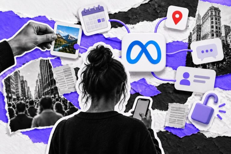 Colagem: pessoa de costas com celular; cartões de dados fluem para um assistente com o logo da Meta e uma mão segura um de volta.