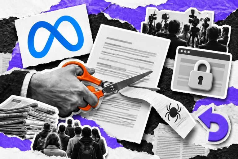 Colagem: mão com tesoura corta uma cláusula de um contrato com o logo da Meta; ao lado, jornalistas e uma aranha rastreadora.