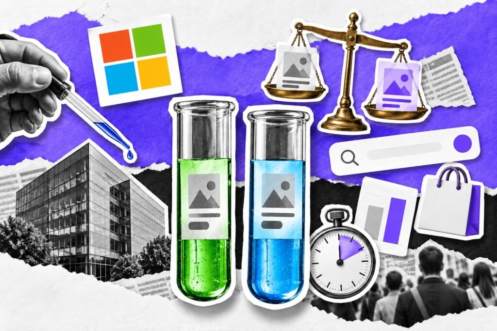 Colagem: dois tubos de ensaio com anúncios comparados numa balança, com o logo da Microsoft ao lado.