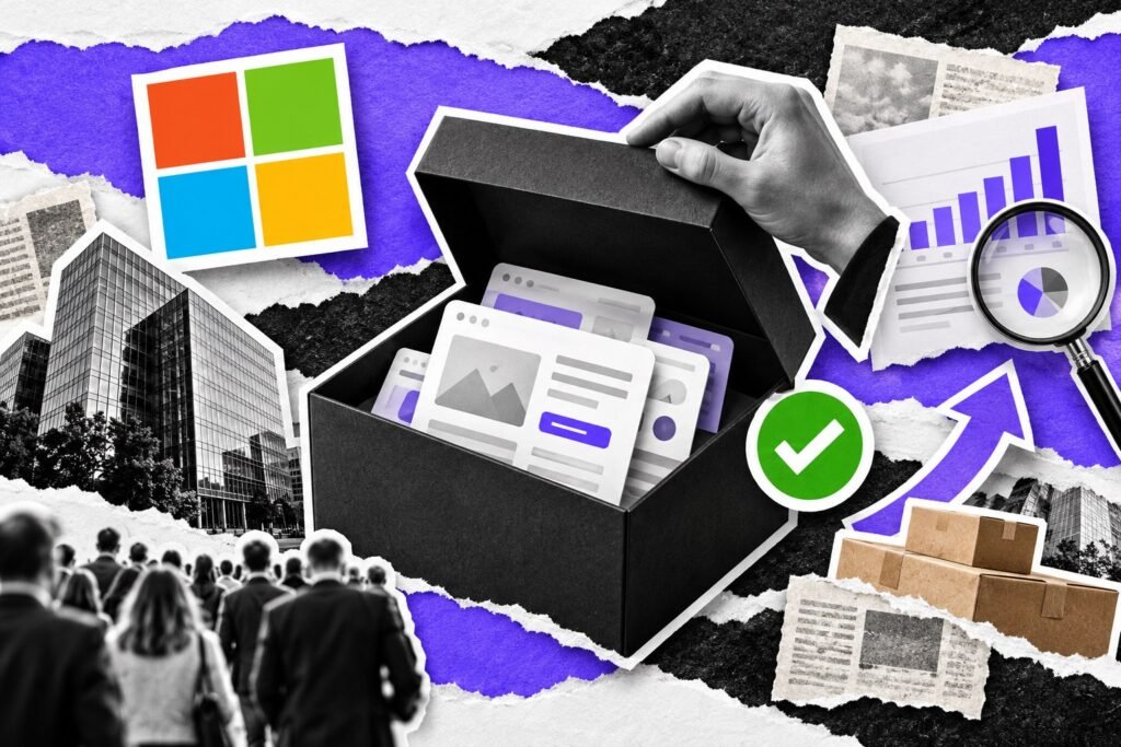 Colagem: caixa-preta aberta revela páginas de destino dentro; mão levanta a tampa e logo da Microsoft ao lado.