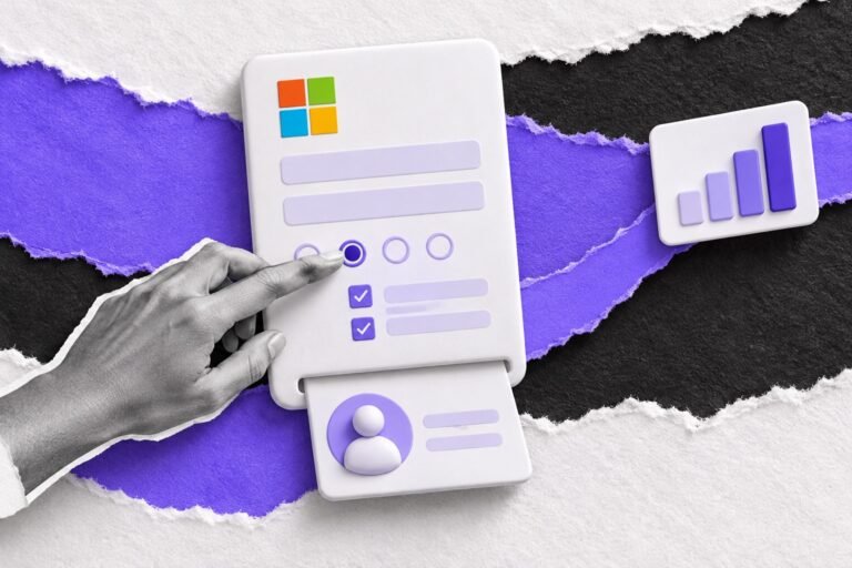 Colagem: formulário com o logo do Microsoft Forms; mão marca opção e ficha segue até um gráfico