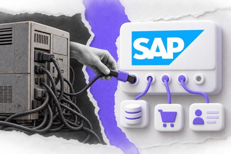 Colagem: mão muda um cabo de uma caixa velha emaranhada para um hub limpo com o logo da SAP