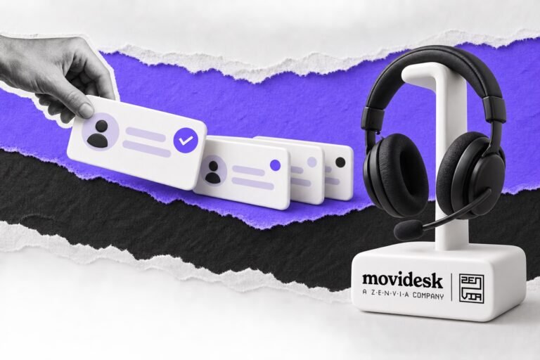 Colagem: fila de chamados num trilho violeta diante de um headset em suporte com logo do Movidesk