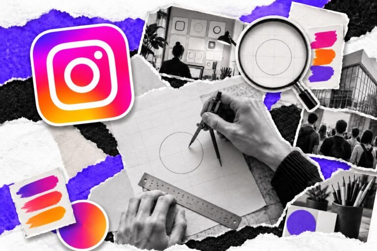 Colagem: mão de designer redesenha uma curva com régua e compasso; amostras de cor e logo do Instagram.