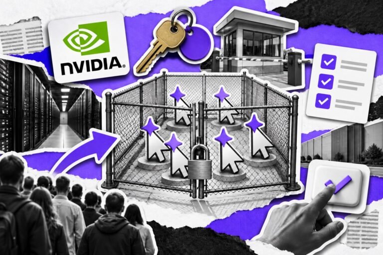 Colagem: cursores de IA dentro de uma cerca com portão; painel com o logo da NVIDIA e cadeado controlam a saída.