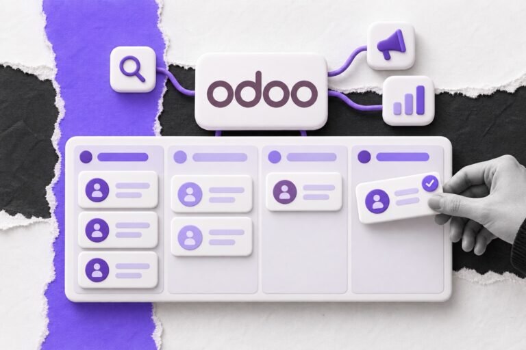Colagem: busca, megafone e gráfico ligados a um hub com logo do Odoo sobre um quadro de funil