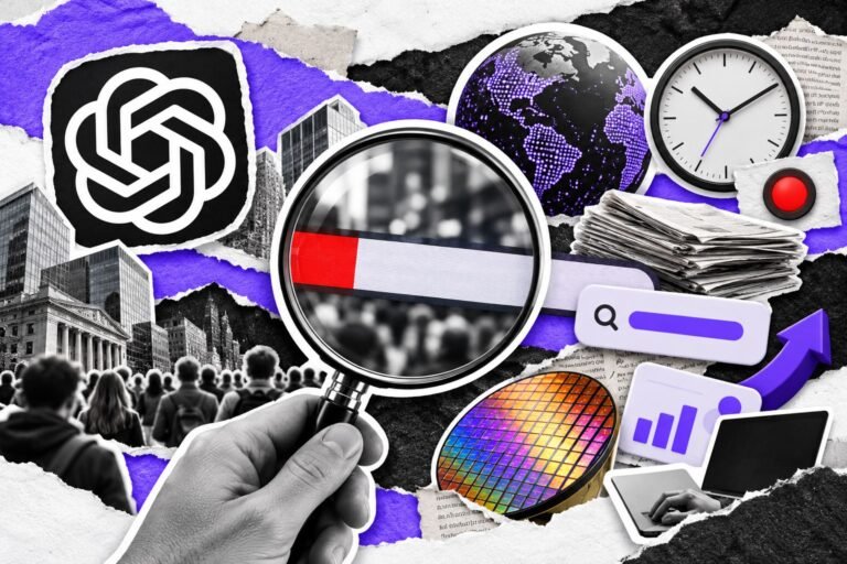 Colagem: lupa sobre faixa de notícias ao vivo, relógio e luz vermelha de transmissão; logo do ChatGPT.