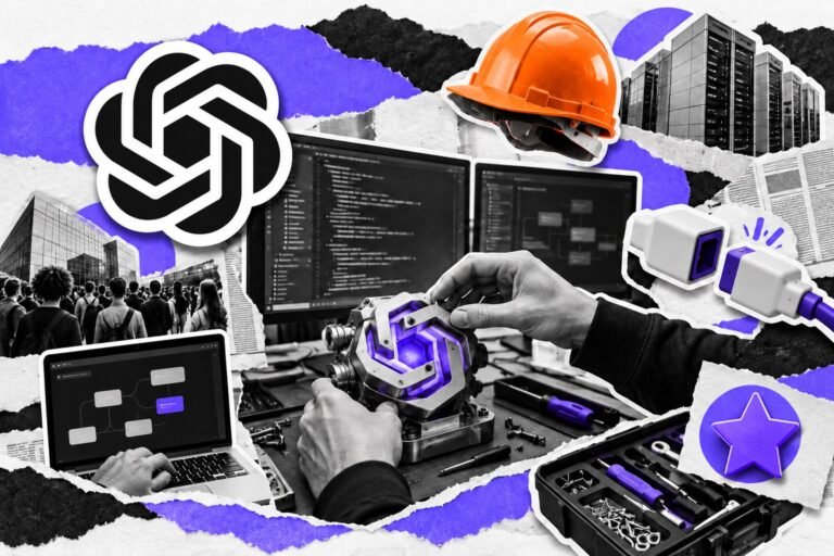 Colagem: bancada de desenvolvedor com peça nova de IA, conector de API e logo do ChatGPT.