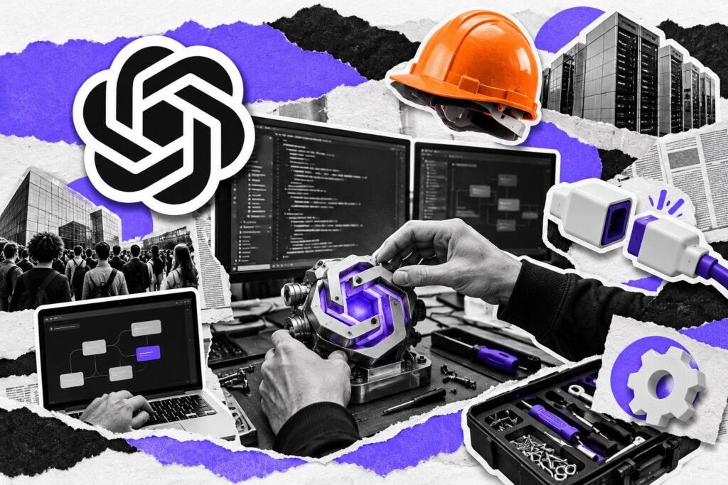 Colagem: bancada de desenvolvedor com peça nova de IA, conector de API e logo do ChatGPT.
