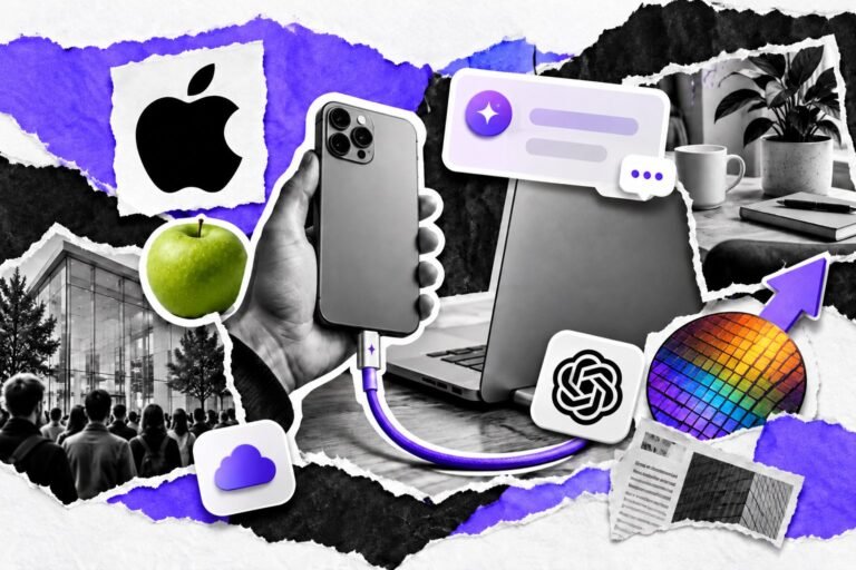Colagem: celular e computador ligados por cabo com conector de IA, maçã verde e logo da Apple.