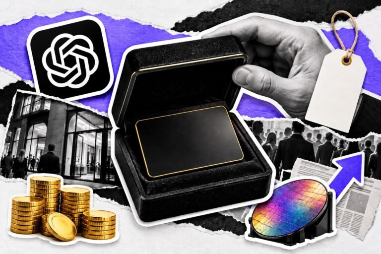 Colagem: caixa de joia com cartão de assinatura premium, moedas douradas e logo do ChatGPT.