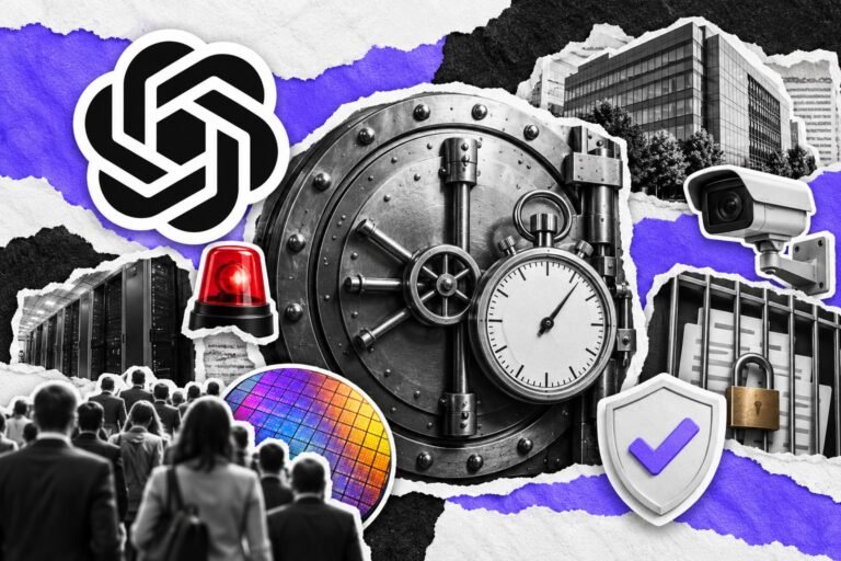Colagem: porta de cofre com cronômetro, escudo de segurança, luz de alarme vermelha e logo do ChatGPT.