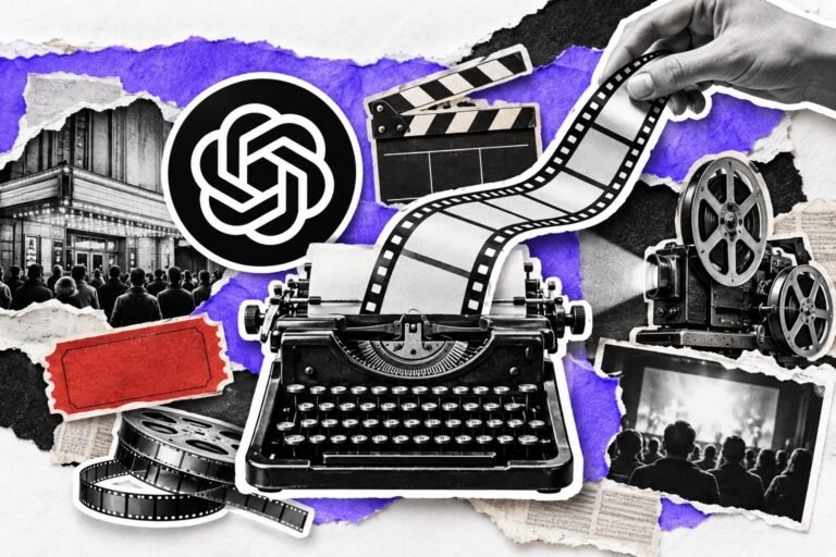 Colagem: máquina de escrever solta uma película de filme; claquete, ingresso vermelho e logo do ChatGPT.