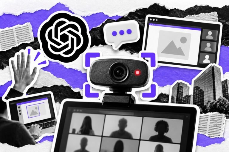 Colagem: webcam e janela compartilhada com moldura violeta, luz vermelha de gravação e logo do ChatGPT.
