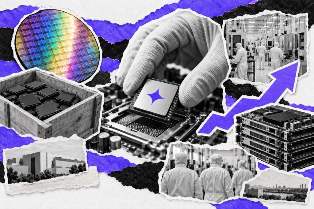 Colagem: mão encaixa um chip próprio numa placa; caixote de chips genéricos de lado e sala limpa ao fundo.