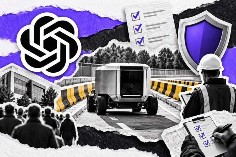 Colagem: cubo de IA anda entre guard-rails numa pista de testes; barreira amarela e preta e logo do ChatGPT.