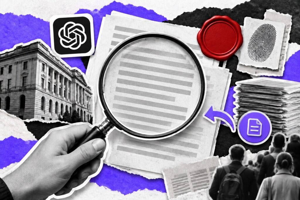 Colagem: lupa revela uma marca d'água violeta numa folha de texto, com o logo do ChatGPT, selo e impressão digital.