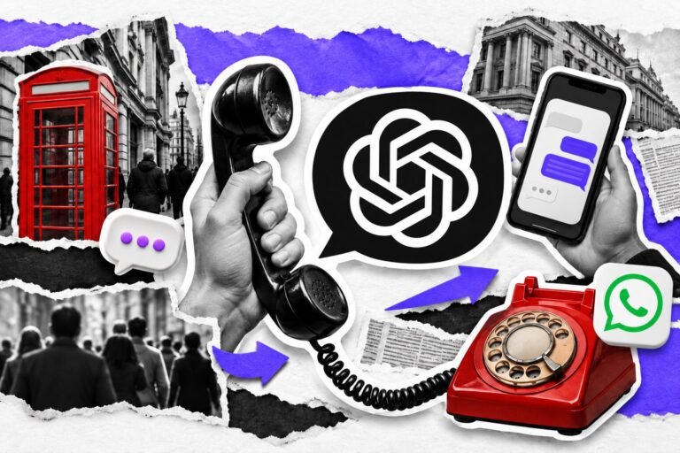 Colagem: telefone vermelho antigo ligado por fio a um balão de conversa; logo do ChatGPT.