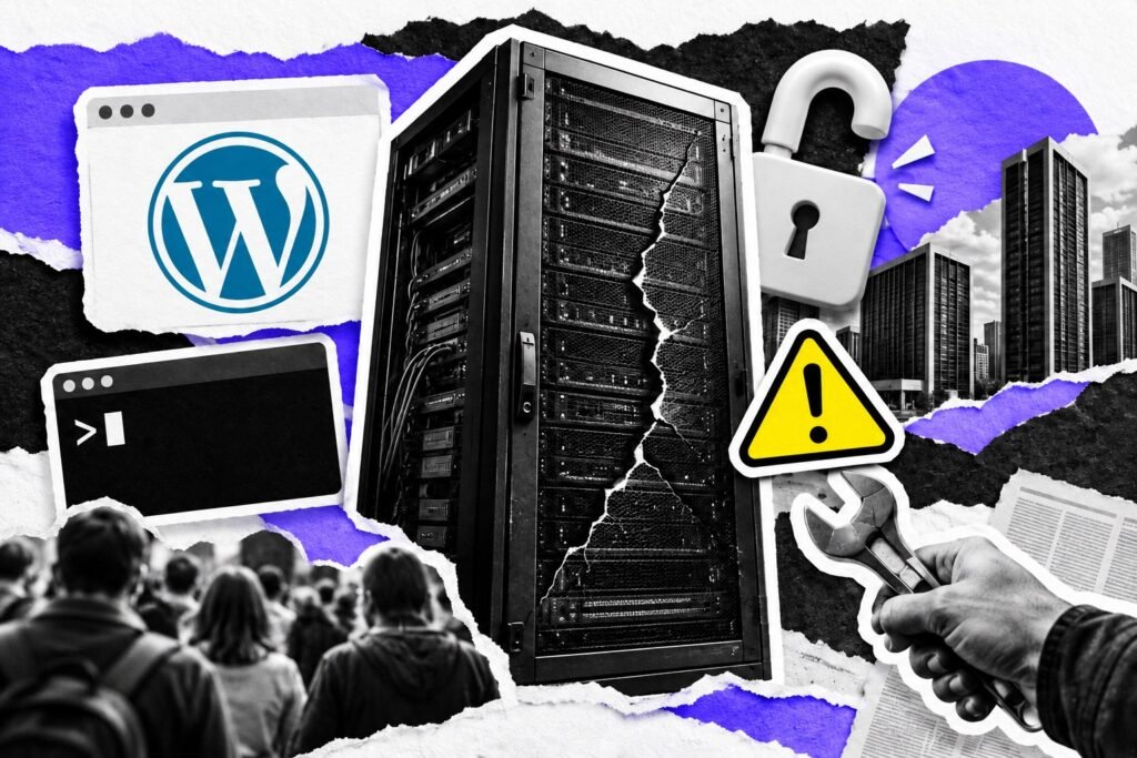 Colagem: rack de servidor rachado cercado por janela com o logo do WordPress, terminal, cadeado aberto e alerta.