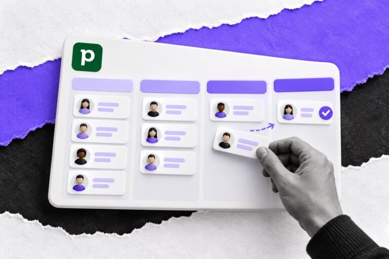Colagem: quadro de pipeline com o logo do Pipedrive e mão arrastando um cartão de negócio para a coluna de ganho.