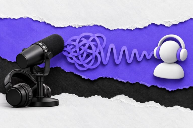 Colagem: microfone de podcast com onda sonora que sai embolada e chega limpa a um ouvinte com fones.