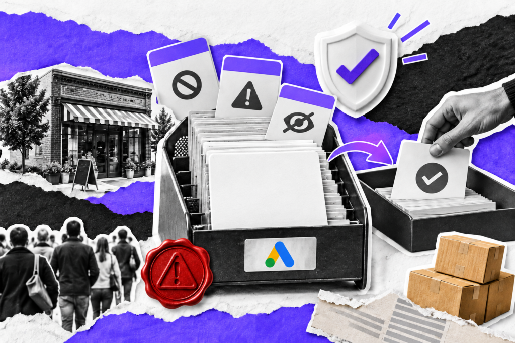 Policy Summary do Google Ads representado por fichário de pendências e selo de alerta
