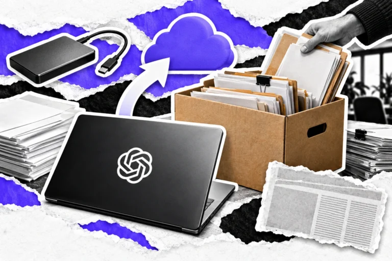 Colagem editorial com notebook identificado pela OpenAI, arquivos, caixa de documentos e unidade externa para representar a preservação dos projetos do Prism.