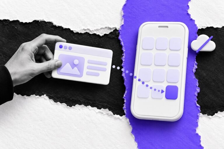Colagem: mão arrastando uma janela de navegador para um celular, onde ela vira um ícone de app violeta.