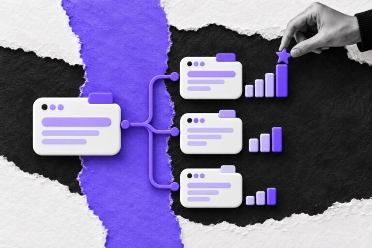 Colagem: árvore de versões de cartões de prompt com mini gráficos; uma mão marca a vencedora com estrela violeta.