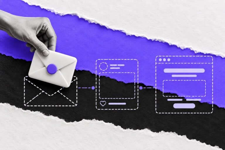 Colagem: contornos tracejados de e-mail, post e página; mão encaixa um envelope sólido no primeiro