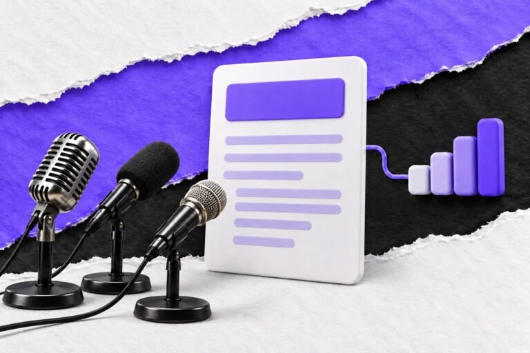 Colagem: microfones de imprensa apontam para um press release; um fio violeta sai dele até barras que sobem