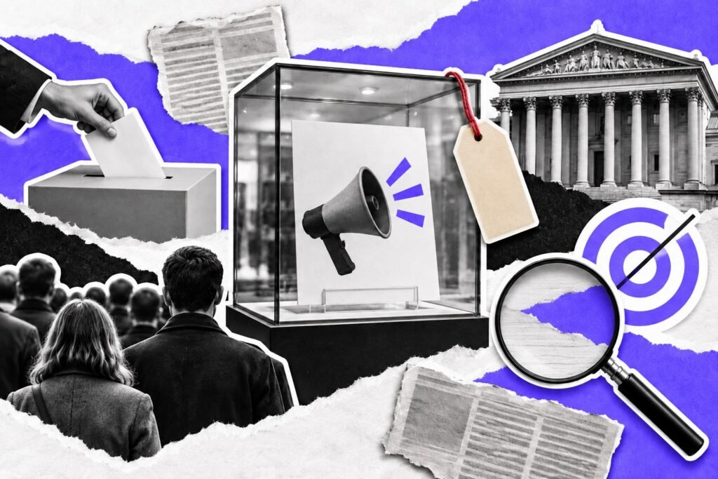 Colagem: anúncio com megafone dentro de uma vitrine de vidro, urna de votação e fachada de parlamento ao fundo.
