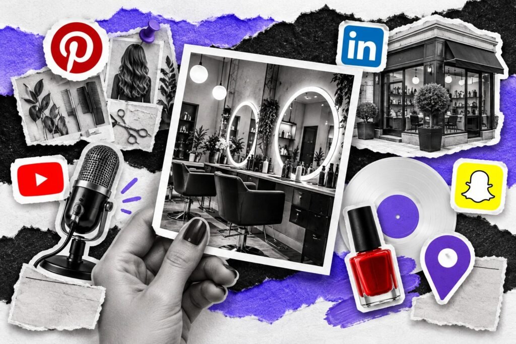 Colagem editorial de salão, loja, áudio e localização com marcas Pinterest, YouTube, LinkedIn e Snapchat.