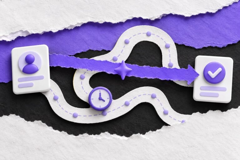 Colagem: atalho violeta liga direto a ficha de contato ao negócio fechado, por cima de uma trilha sinuosa.