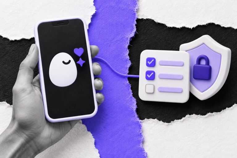Colagem: celular com o logo do Replika na tela ligado a um escudo e um checklist incompleto