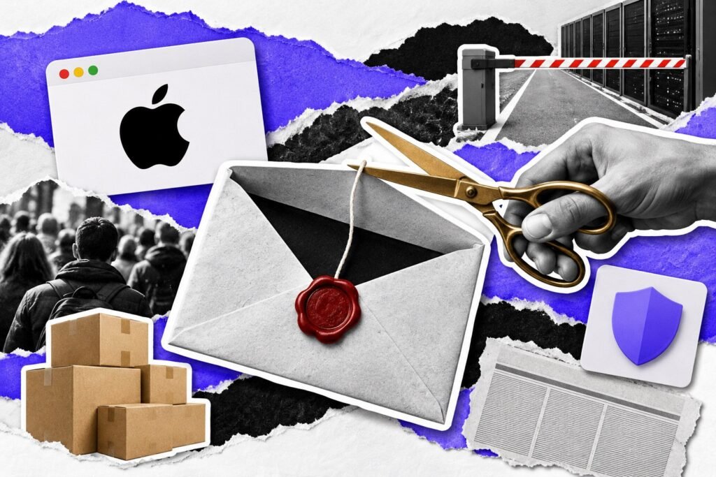 Colagem: envelope com fio cortado por tesoura, cancela fechada, servidores ao fundo e janela com o logo da Apple.