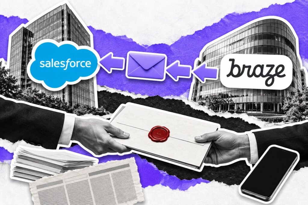 Duas mãos passam uma pasta lacrada entre os prédios da Salesforce e da Braze, ilustrando o acordo de compra