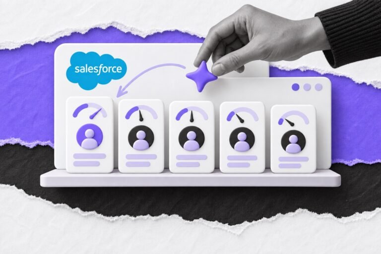 Colagem: fichas de contato com medidores de nota ordenadas por um brilho de IA, com o logo da Salesforce ao fundo