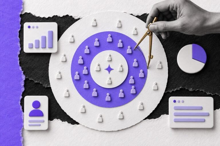 Colagem: três círculos concêntricos de mercado; a mão traça o anel violeta com um compasso