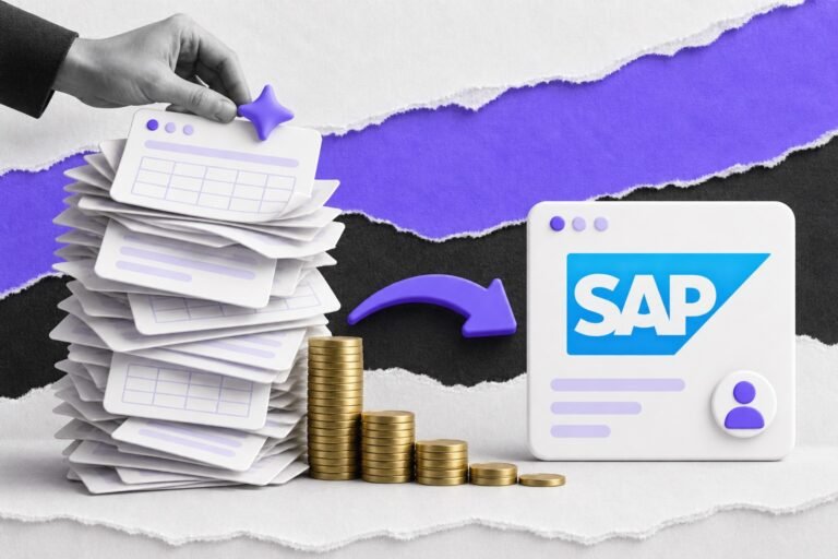Colagem: pilha de formulários dobrada num cartão com o logo da SAP; moedas de latão encolhendo ao lado