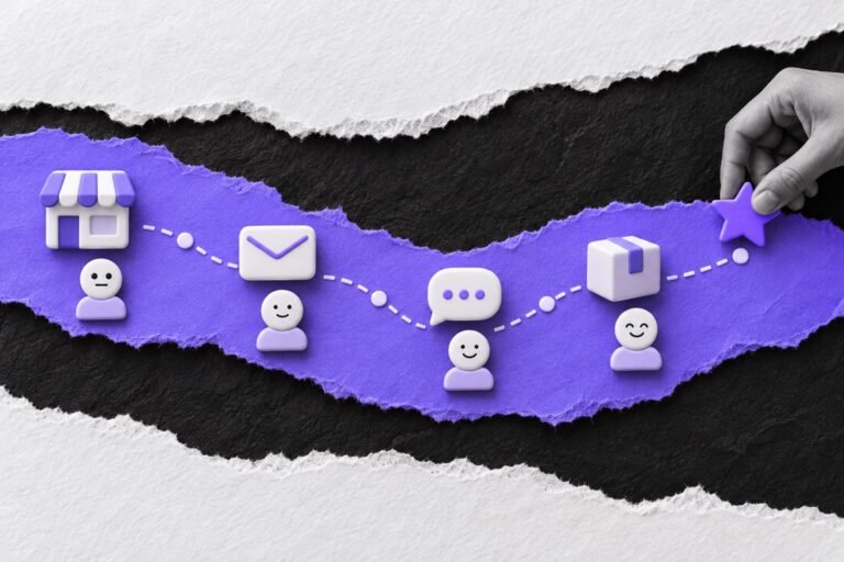 Colagem: caminho violeta com ícones de loja, e-mail, conversa e entrega; carinhas passam de neutras a sorridentes