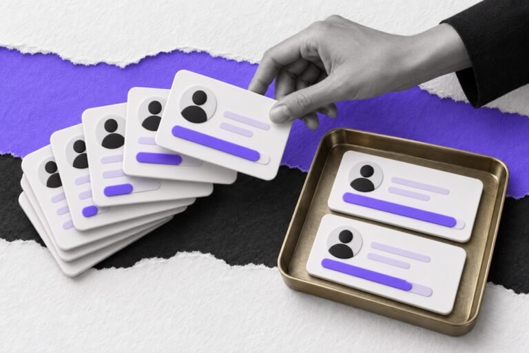 Colagem: fichas de leads com barras de pontuação violeta; a mão separa as duas com maior pontuação