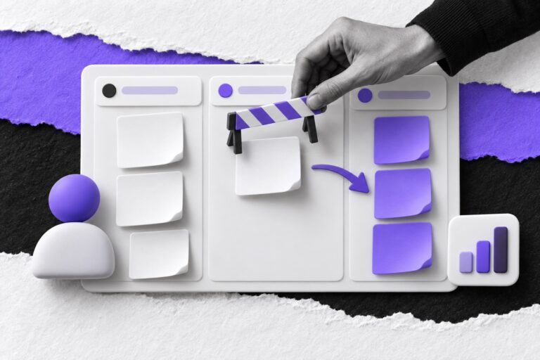 Colagem: quadro kanban de papel; a mão retira a barreira que travava um cartão no meio do fluxo
